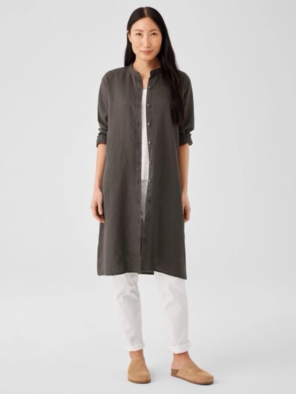 EILEEN FISHER - Organic Linen Band Collar Shirtdress - Grove - XS